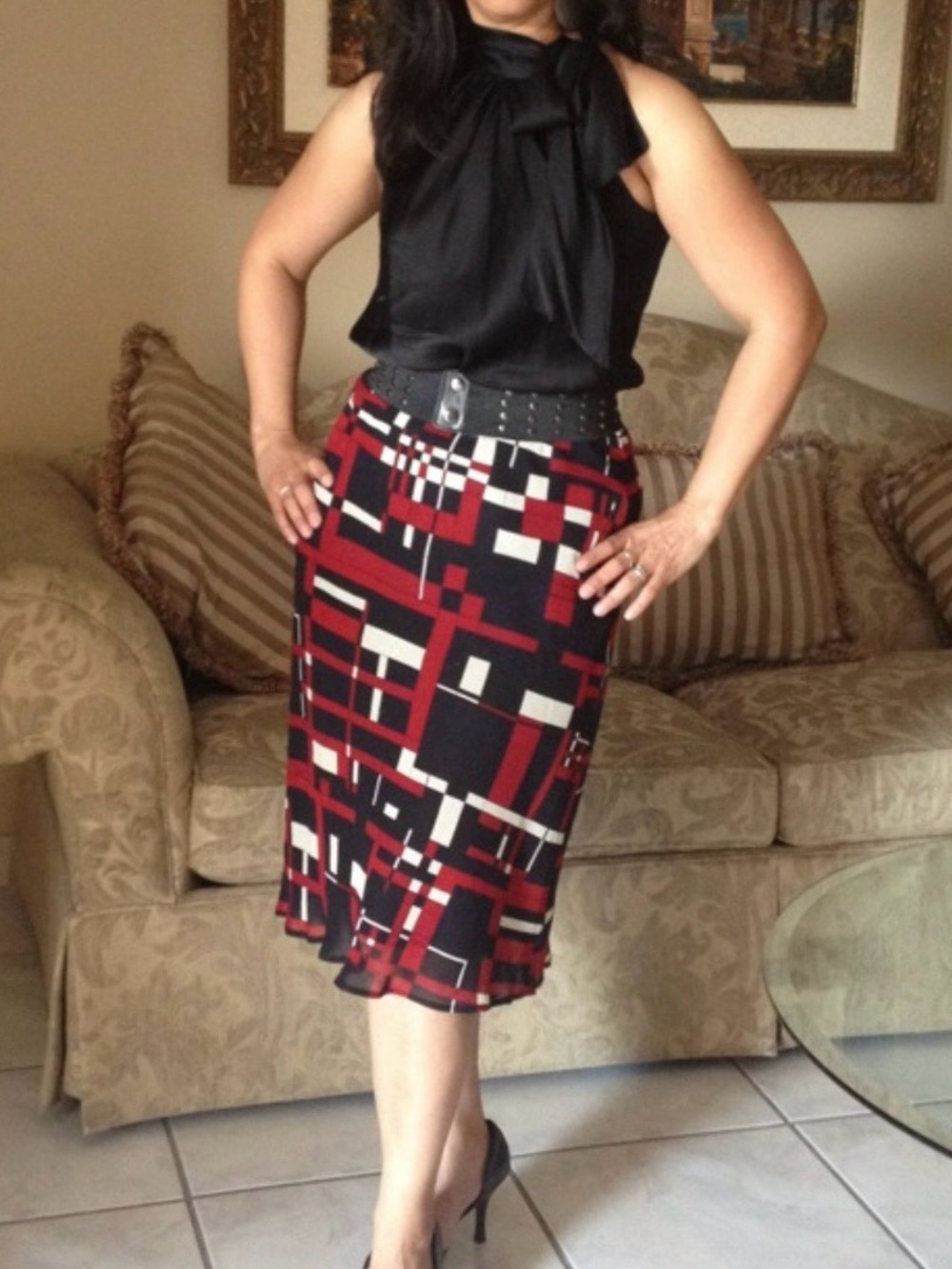 Vintage Y2K Geometric Abstract Midi Skirt Red Black White Bold Print